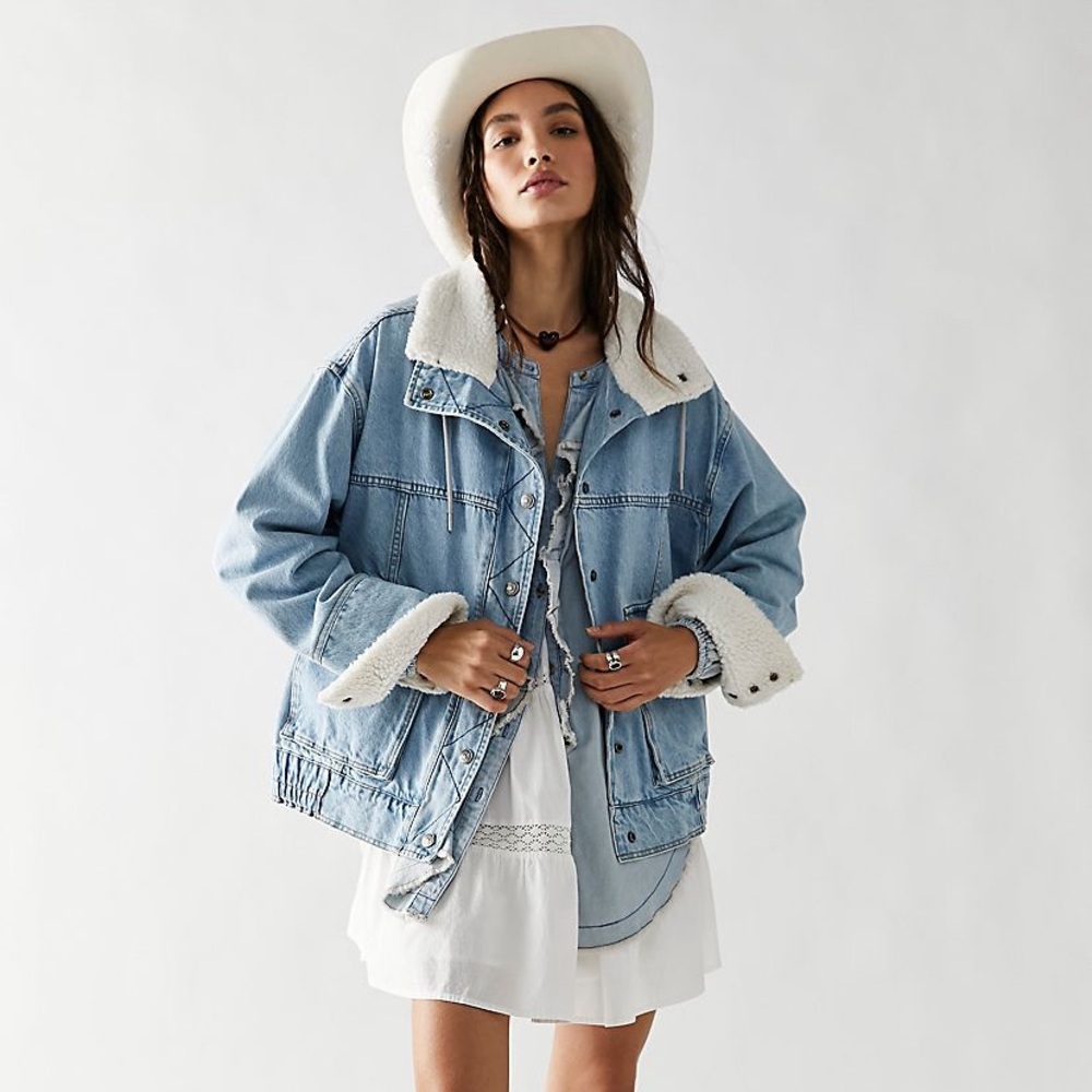Free People Ariel Cozy Denim Bomber Jacket